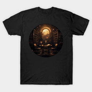 Dark academia library at dusk T-Shirt